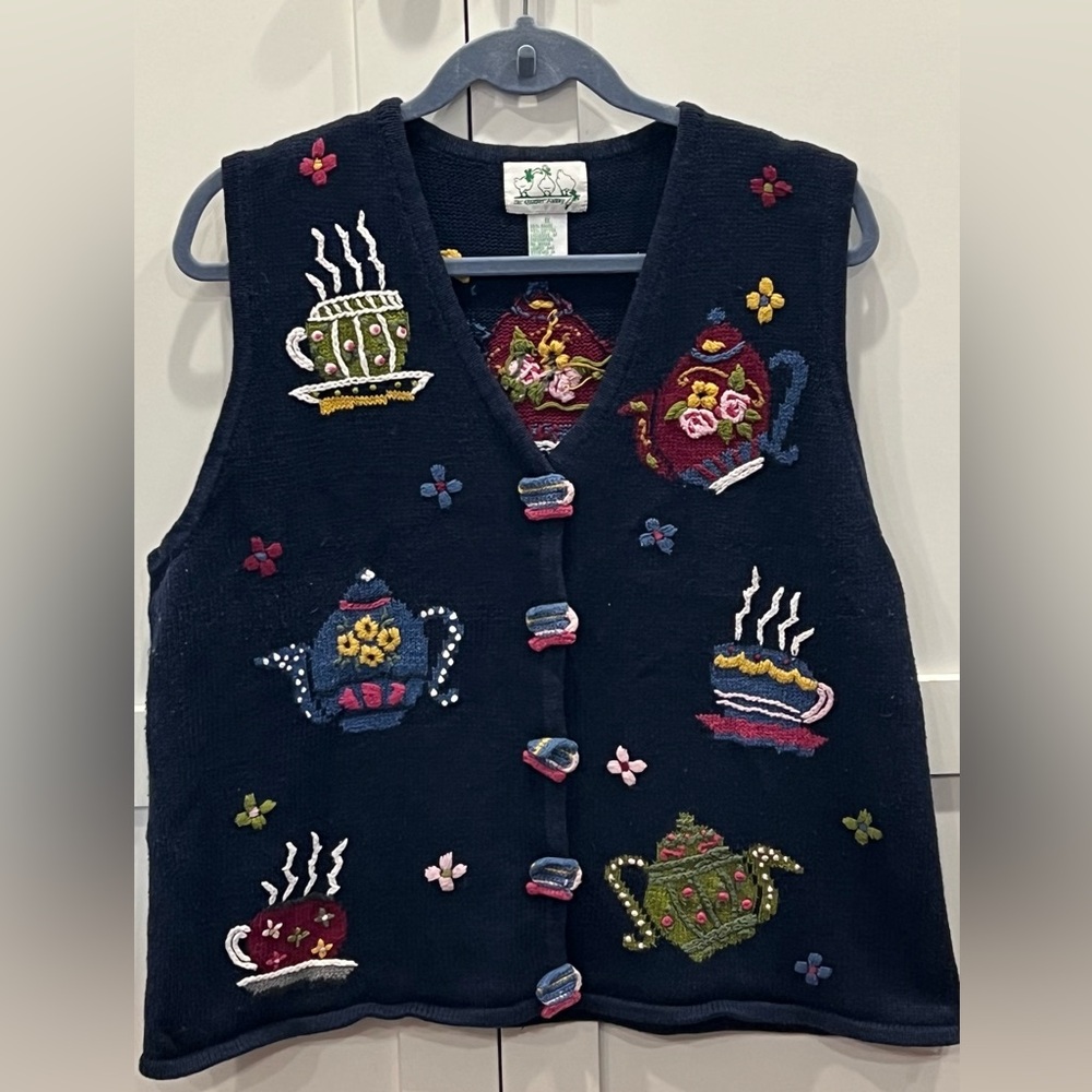 Quacker Factory Navy Blue Teapot Embroidered Vest